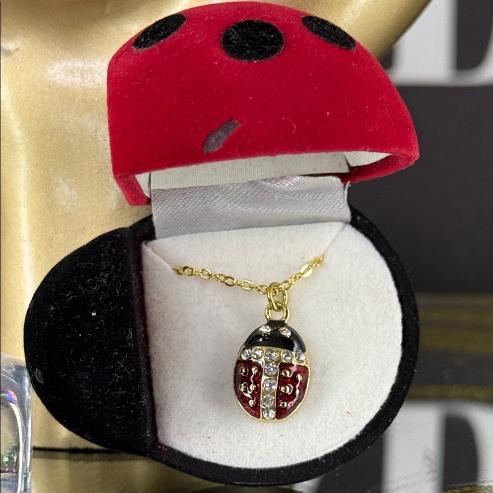 Gold-Plated Ladybug Pendant Necklace in Red and Black - Picture 3 of 5